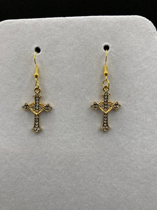 Gold cross earrings with rhinestone detail