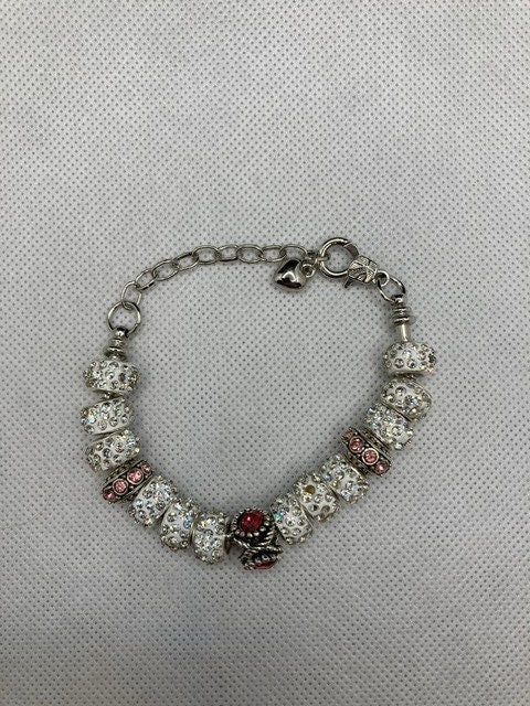 Bling Bracelet with White Clay with Rhinestones and Custom Metal Beads with Pink Rhinestones.