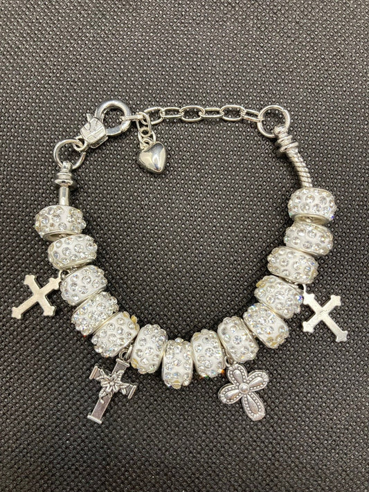 Bling Southwest, Country, Religious Bracelet with Cross Charms and Clay beads w Rhinestones