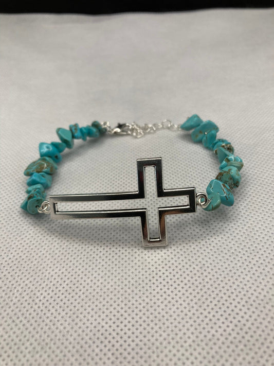 Silver Cross Bracelet with Synthetic Turquoise Stone Band. Southwest, Country, Western, Boho Style