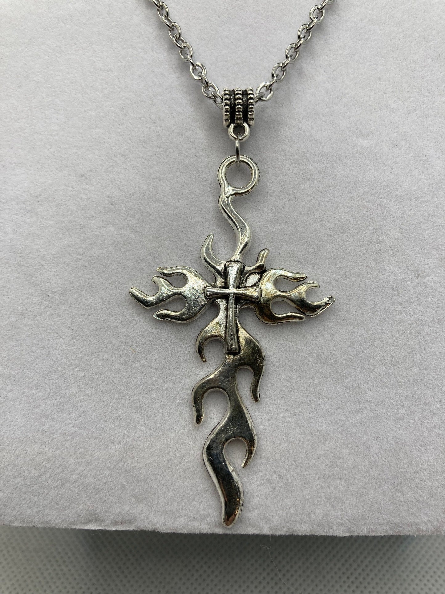 Silver Flame Cross Necklace with Specialty Chain, Southwest, Religious and Country Jewelry