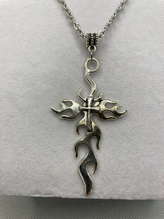 Silver Flame Cross Necklace with Specialty Chain, Southwest, Religious and Country Jewelry