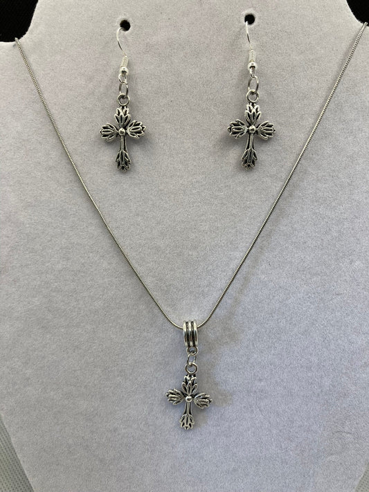 Silver Cross Necklace and Earring Set with Specialty Chain, Southwest, Religious and Country Jewelry