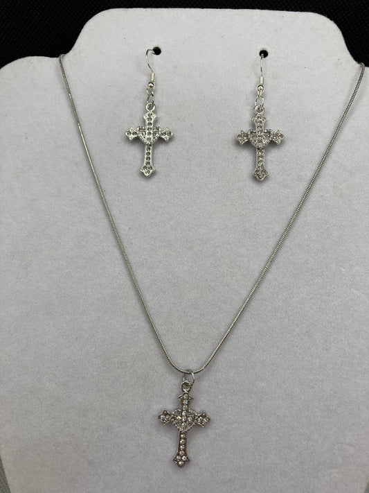 Silver Cross w Rhinestones Necklace and Earring Set with Specialty Chain, Southwest, Religious and Country Jewelry