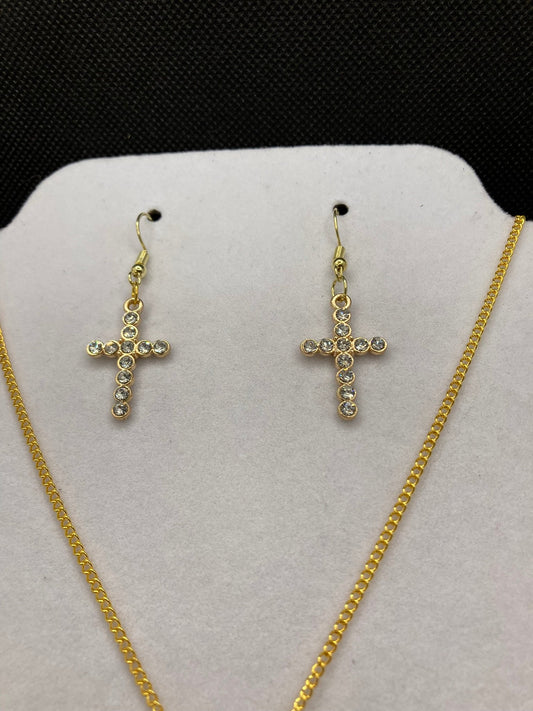 Gold Cross w Round Rhinestones Necklace and Earring Set with Specialty Chain, Southwest, Religious and Country Jewelry