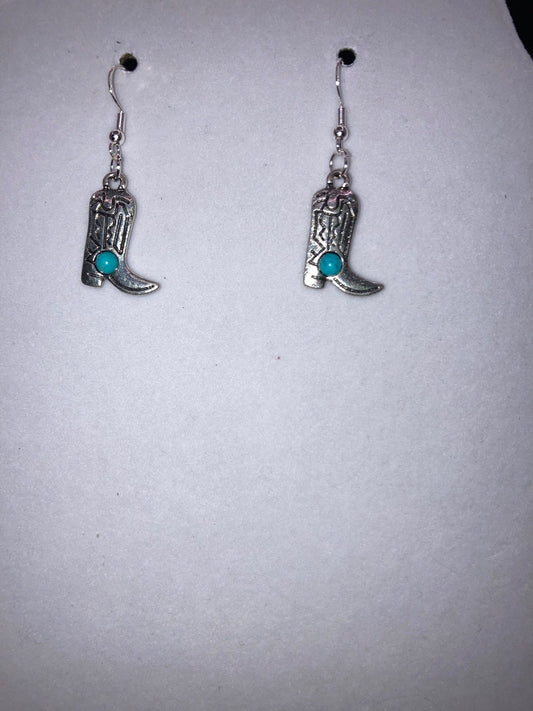 Western, Southwest, Country Style Silver Cowboy Boot Earrings w Turquoise Simulated Stone Trim