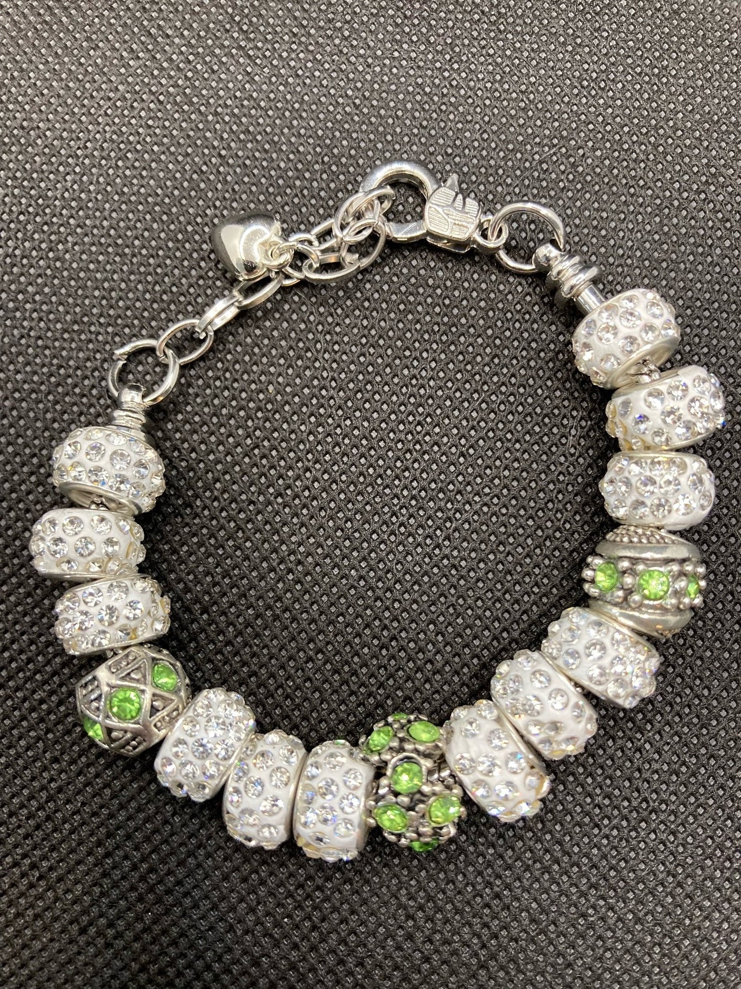 Bling Bracelet with White Clay with Rhinestones and Custom Metal Beads with Green Rhinestones.