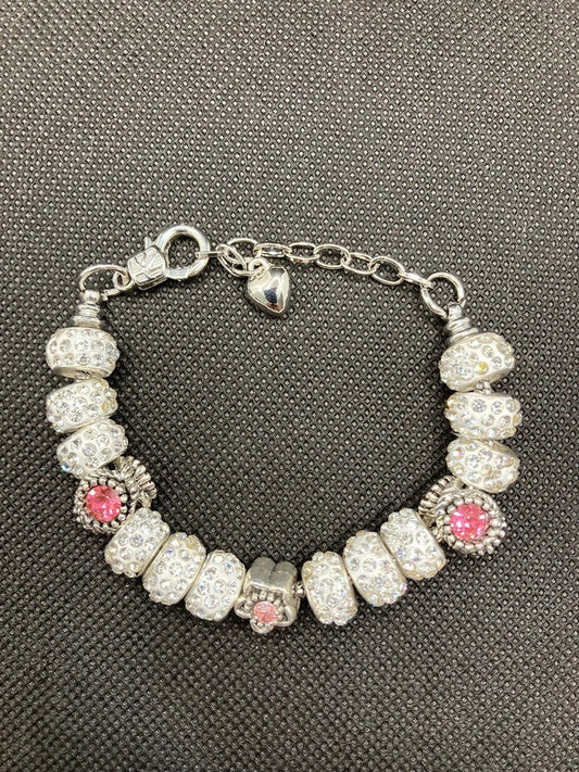 Bling Bracelet with White Clay with Rhinestones and Custom Metal Beads with Pink Flower Rhinestones.