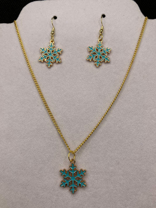 Christmas Necklace and Earring set with Christmas Blue Snowflakes perfect for the Holidays and Gift Giving.