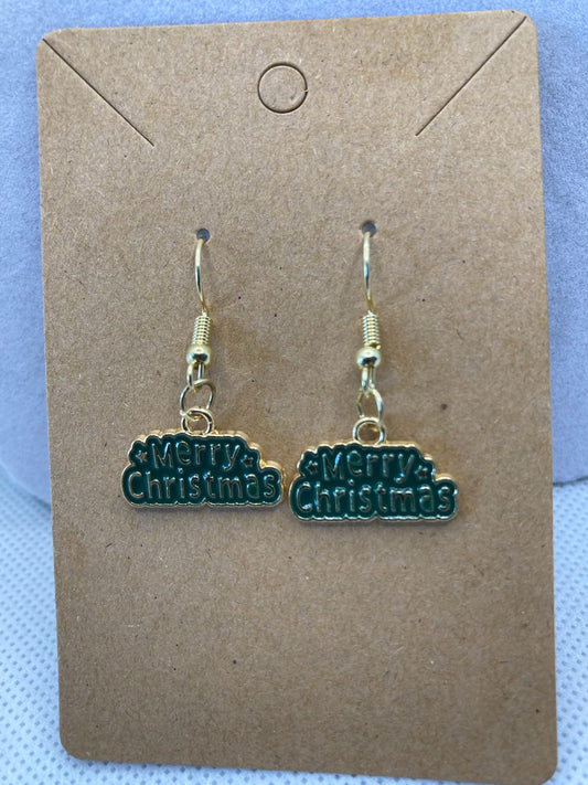 Christmas Earrings with Green Christmas Merry Christmas Charms are perfect for the Holidays and gift-giving.