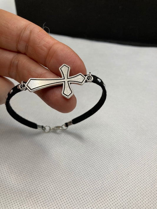 Silver Cross Bracelet with Black Faux Leather Silver studded Band. Southwest, Country, Western, Boho Style