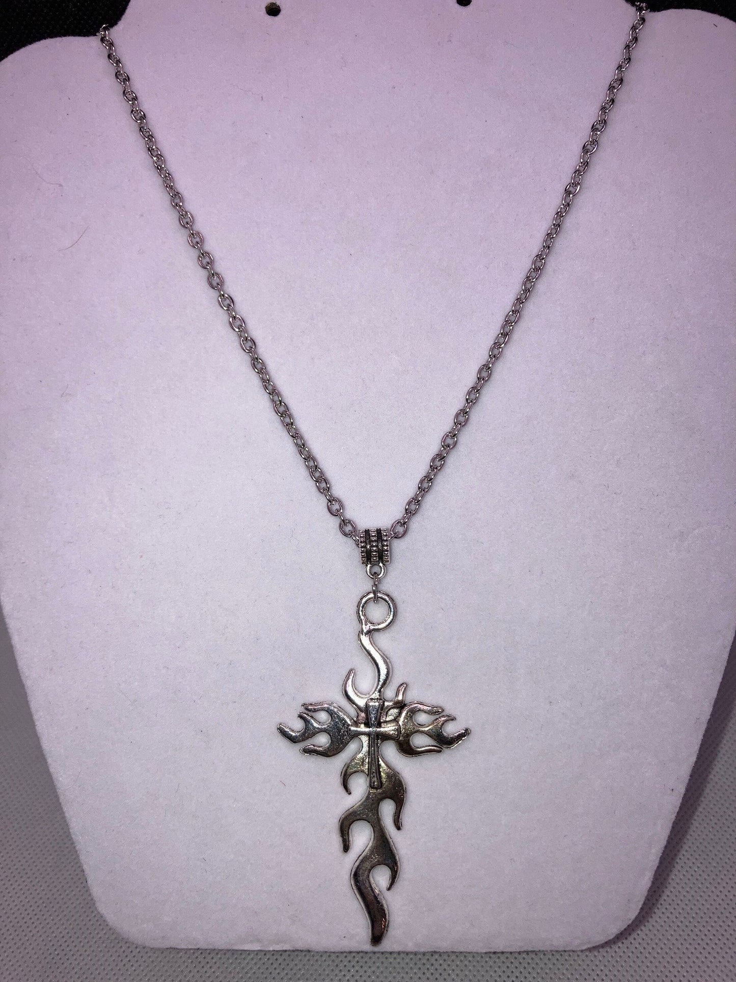 Silver Flame Cross Necklace with Specialty Chain, Southwest, Religious and Country Jewelry