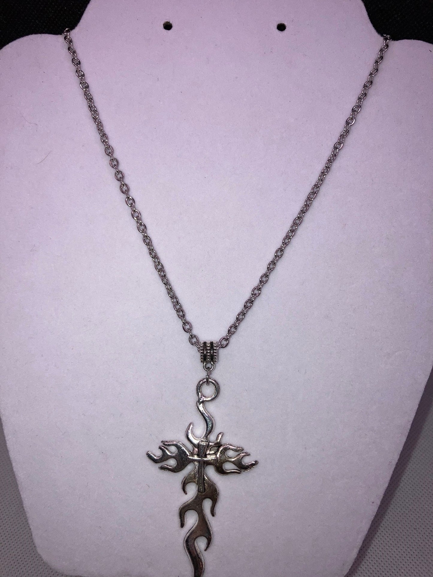 Silver Flame Cross Necklace with Specialty Chain, Southwest, Religious and Country Jewelry