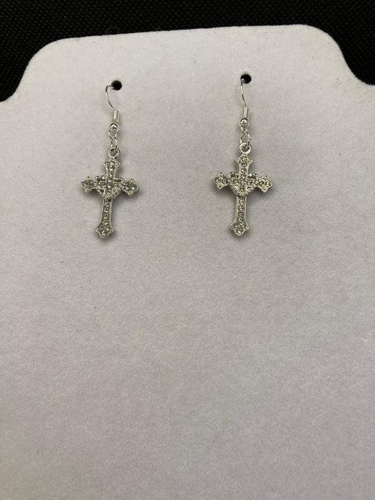 Silver cross earrings with rhinestone detail, Western, Gothic, Religious