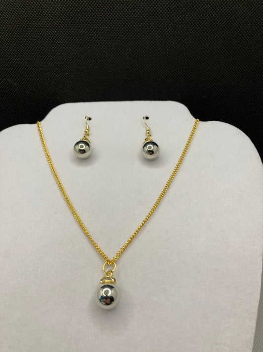 Silver and Gold Mirror Ball Earring and Necklace Set with Gold Chain for Holidays and Special Occasions.