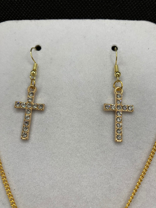 Gold Cross w Rhinestones Necklace and Earring Set with Specialty Chain, Southwest, Religious and Country Jewelry