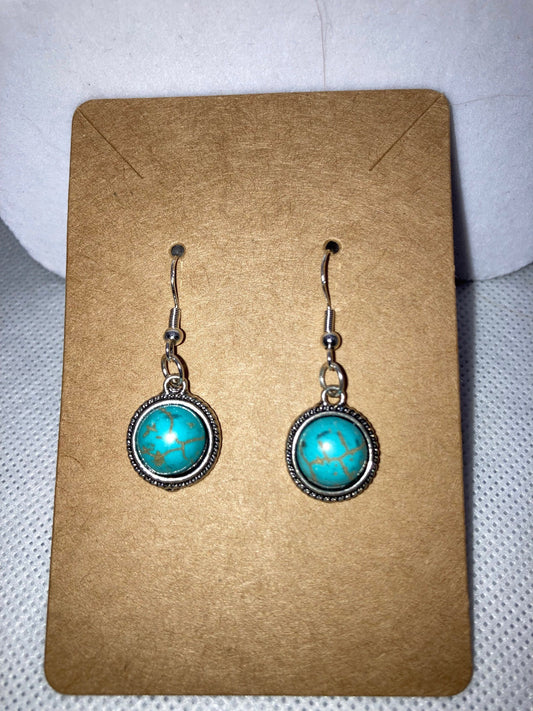 Western, Southwest, Country Style Silver Earrings w Round Turquoise Simulated Stone Trim