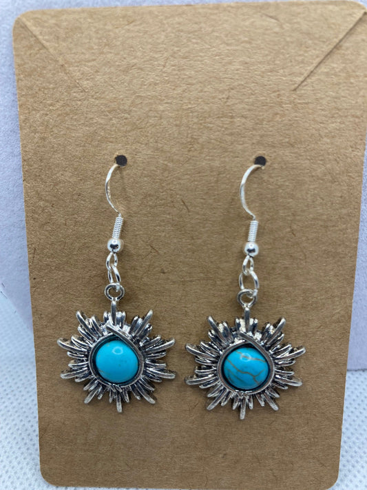 Western, Southwest, Country Style Silver Sun Burst Earrings w Round Turquoise Simulated Stone Trim