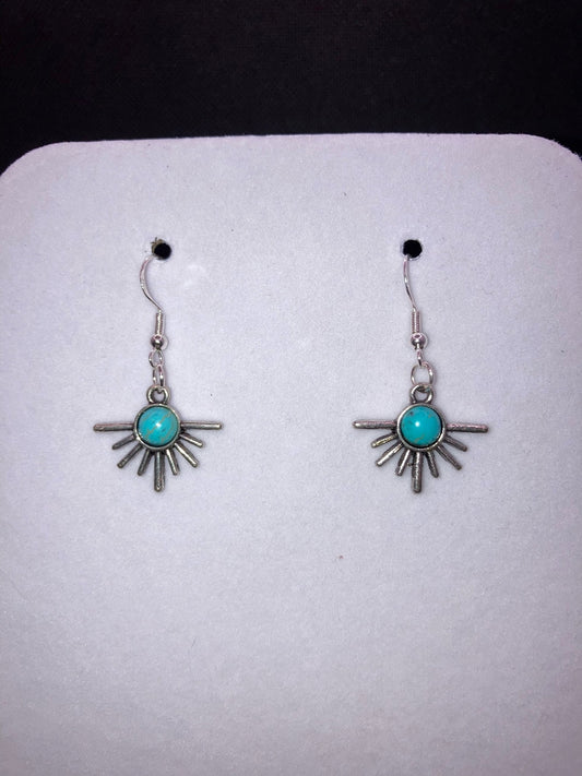 Western, Southwest, Country Style Silver Half Sun Burst Earrings w Round Turquoise Simulated Stone Trim